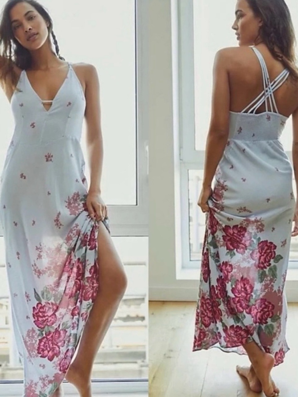 Free People Intimately light blue Maxi Dress with Pink Floral Print - Picture 2 of 10